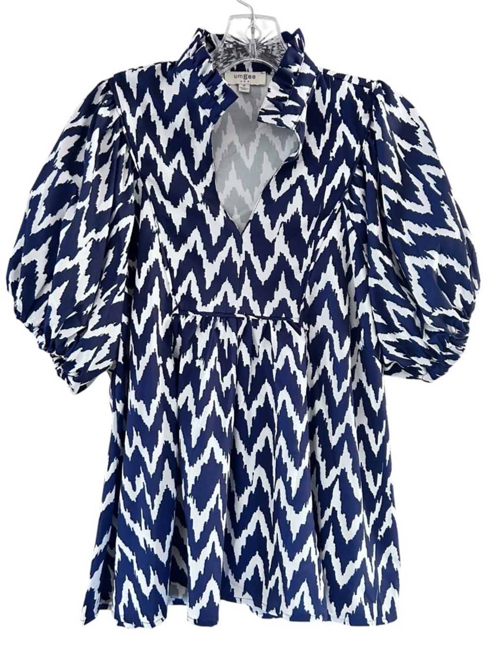Umgee Navy White Chevron Puff Sleeve Babydoll Blouse Sz Medium NWOT!